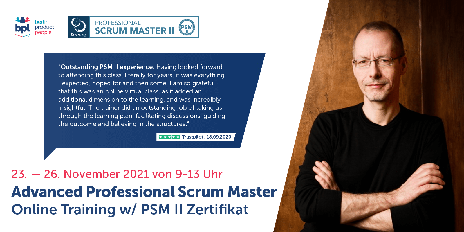 Fortgeschrittenen Professional Scrum Master Online Schulung auf Deutsch mit PSM II Zertifikat — 23. bis 26. November 2021